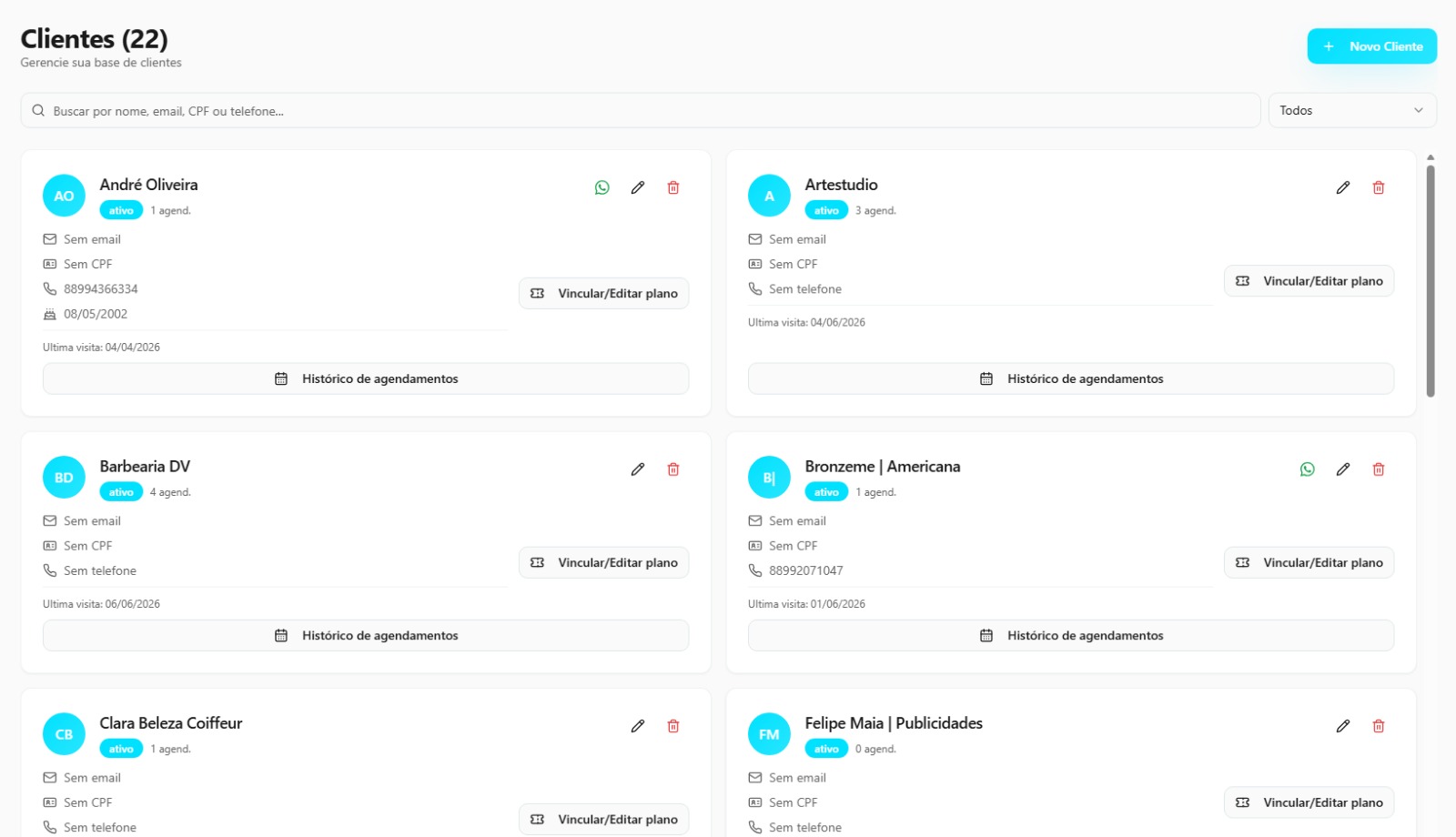 Página de gestão de clientes da Agenda+