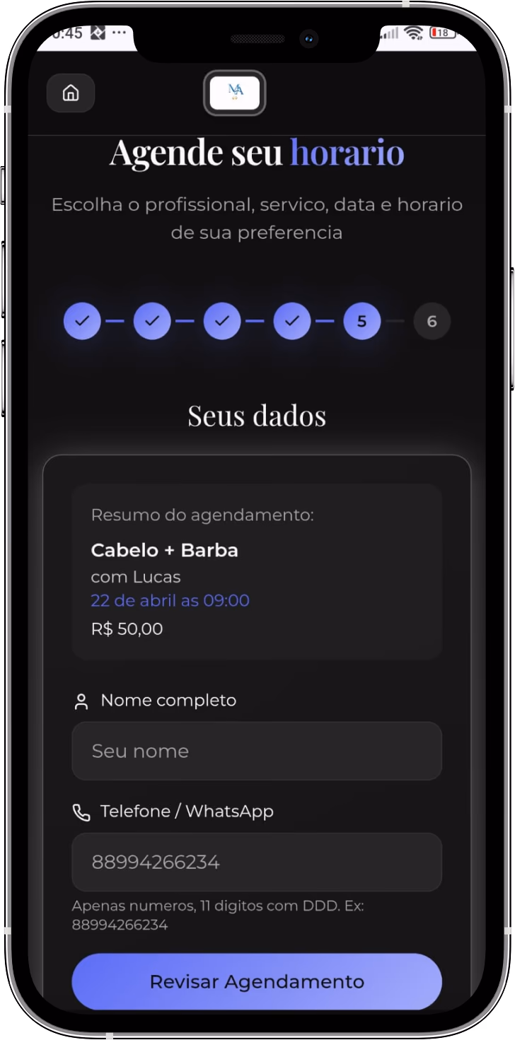 Página de agendamento personalizada no celular