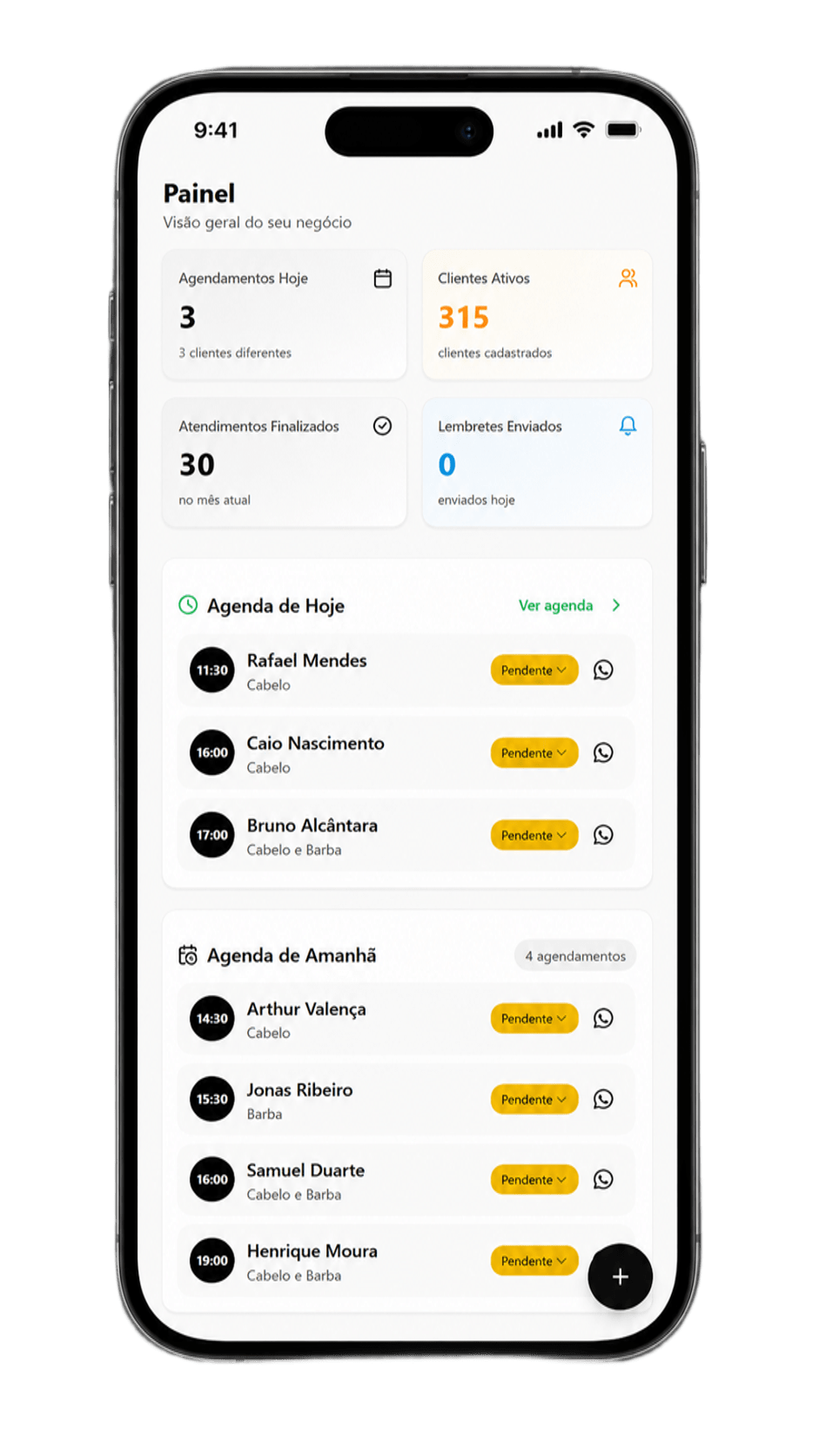 Painel da Agenda+ no celular com a agenda do dia