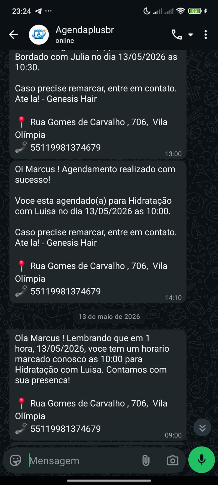 Mensagens automáticas da Agenda+ no WhatsApp: confirmações e lembretes de agendamento